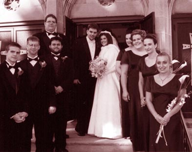 Bride & Groom: Vicky and Vince. 
Groomsmen: (Top to bottom) Brad, Andy, Jeff, Matthew.  
Bridesmaids: (top to bottom) Mandy,Sara, Monica, Heather.